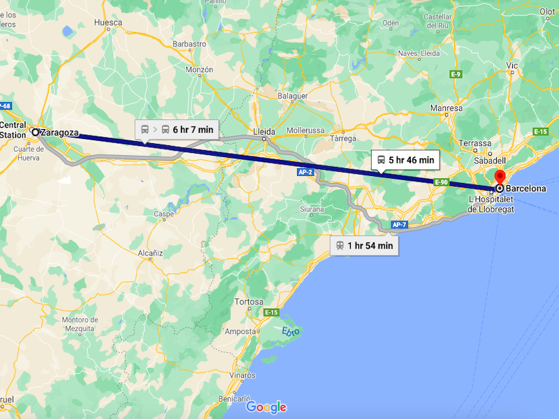 Zaragoza to Barcelona Bus Route Distance